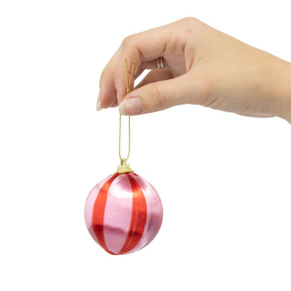 Kerstbal set van 6 gestreept roze/rood
