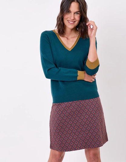 Khaki kleur pullover met contrast boorden in oker geel