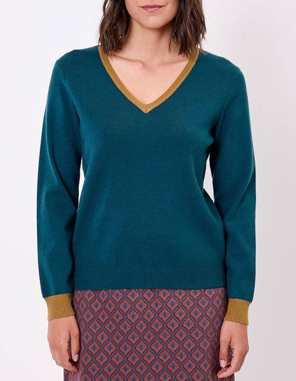 Khaki kleur pullover met contrast boorden in oker geel