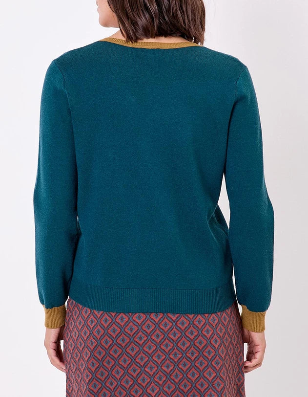 Khaki kleur pullover met contrast boorden in oker geel