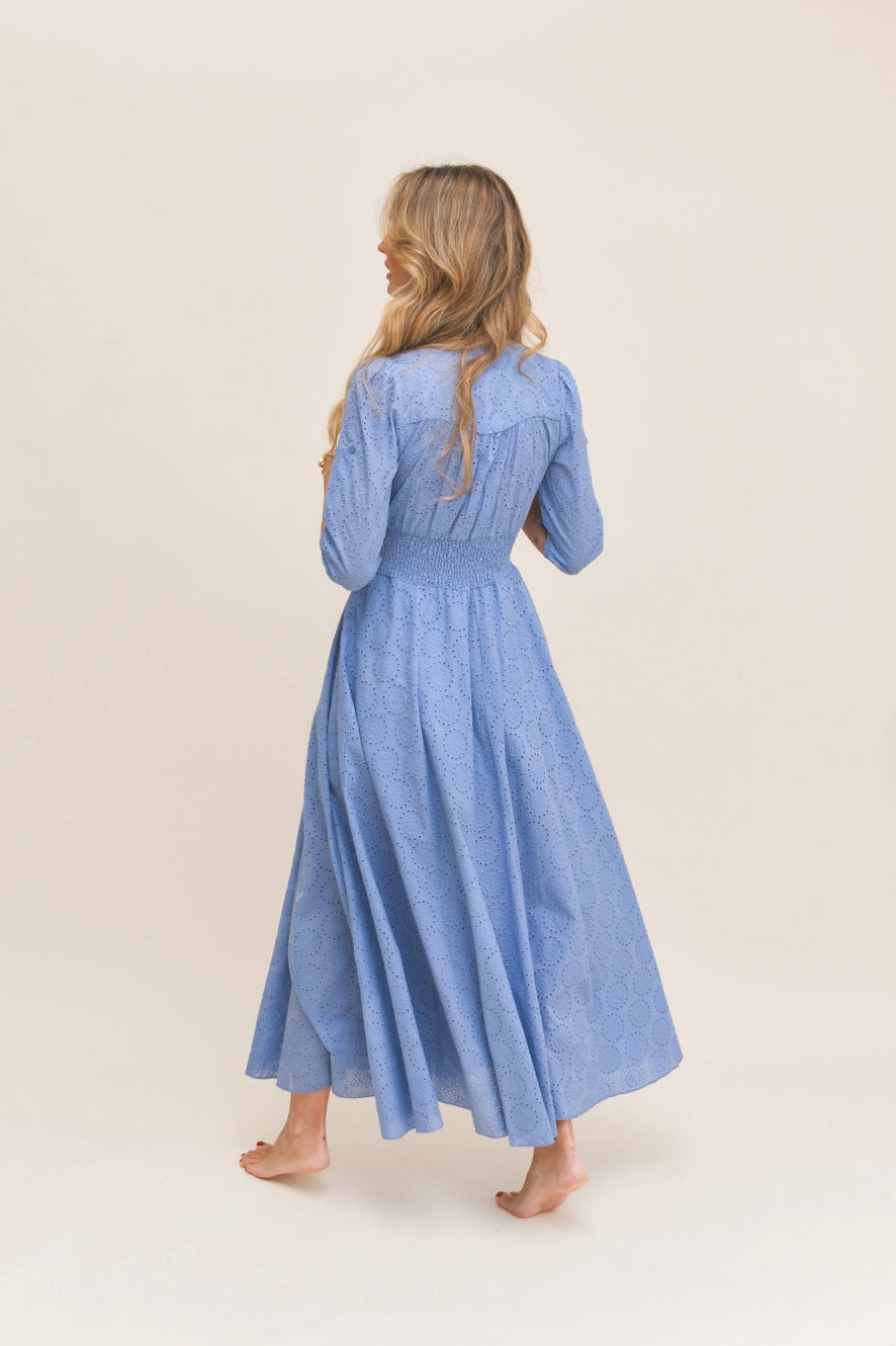 blauwe maxi jurk met borduursel
