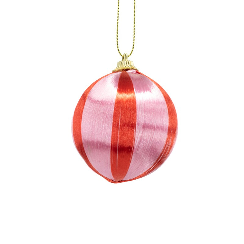 Kerstbal set van 6 gestreept roze/rood