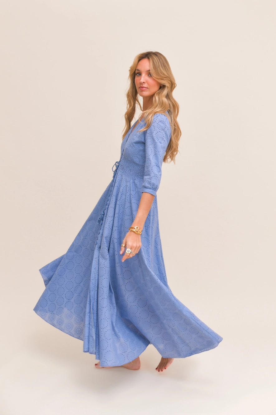blauwe maxi jurk met borduursel
