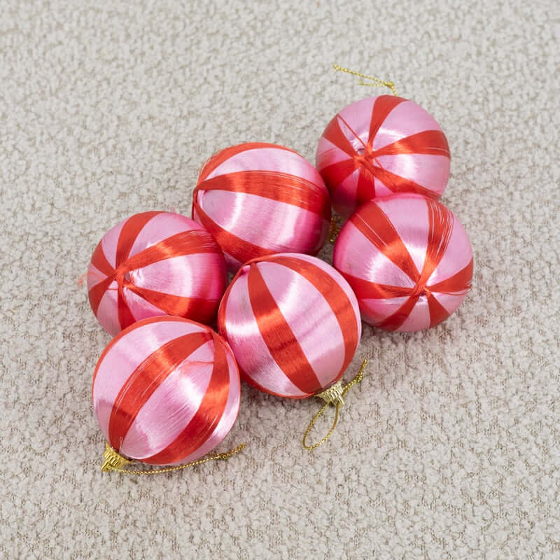 Kerstbal set van 6 gestreept roze/rood