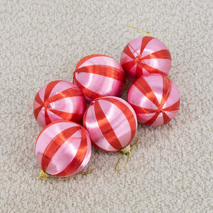 Kerstbal set van 6 gestreept roze/rood