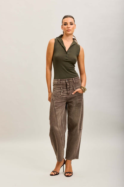 Barrel jeans dubbele band Bruin