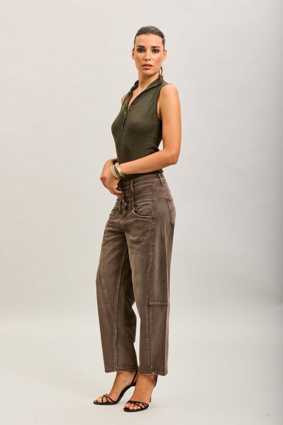 Barrel jeans dubbele band Bruin
