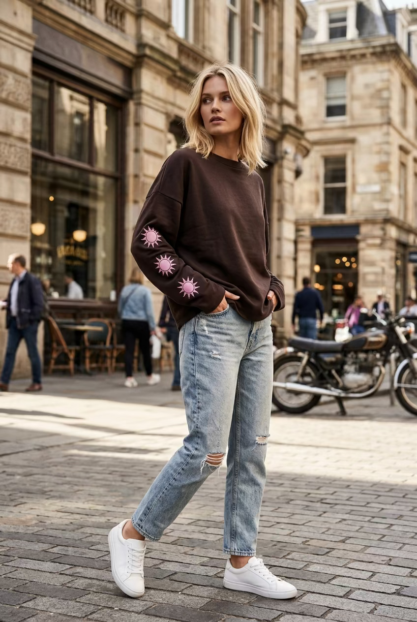 sweater met print en sterren op de mouwen