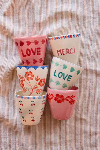 Oval Ceramic Cup - Pink - Hand-painted Flower Wine