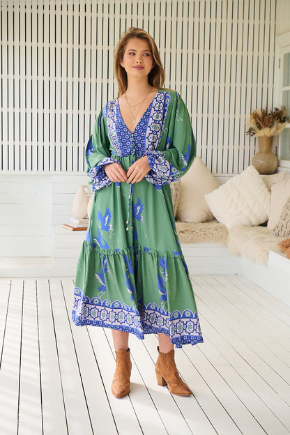 BLUE BIRD PRINT WILLA MIDI DRESS