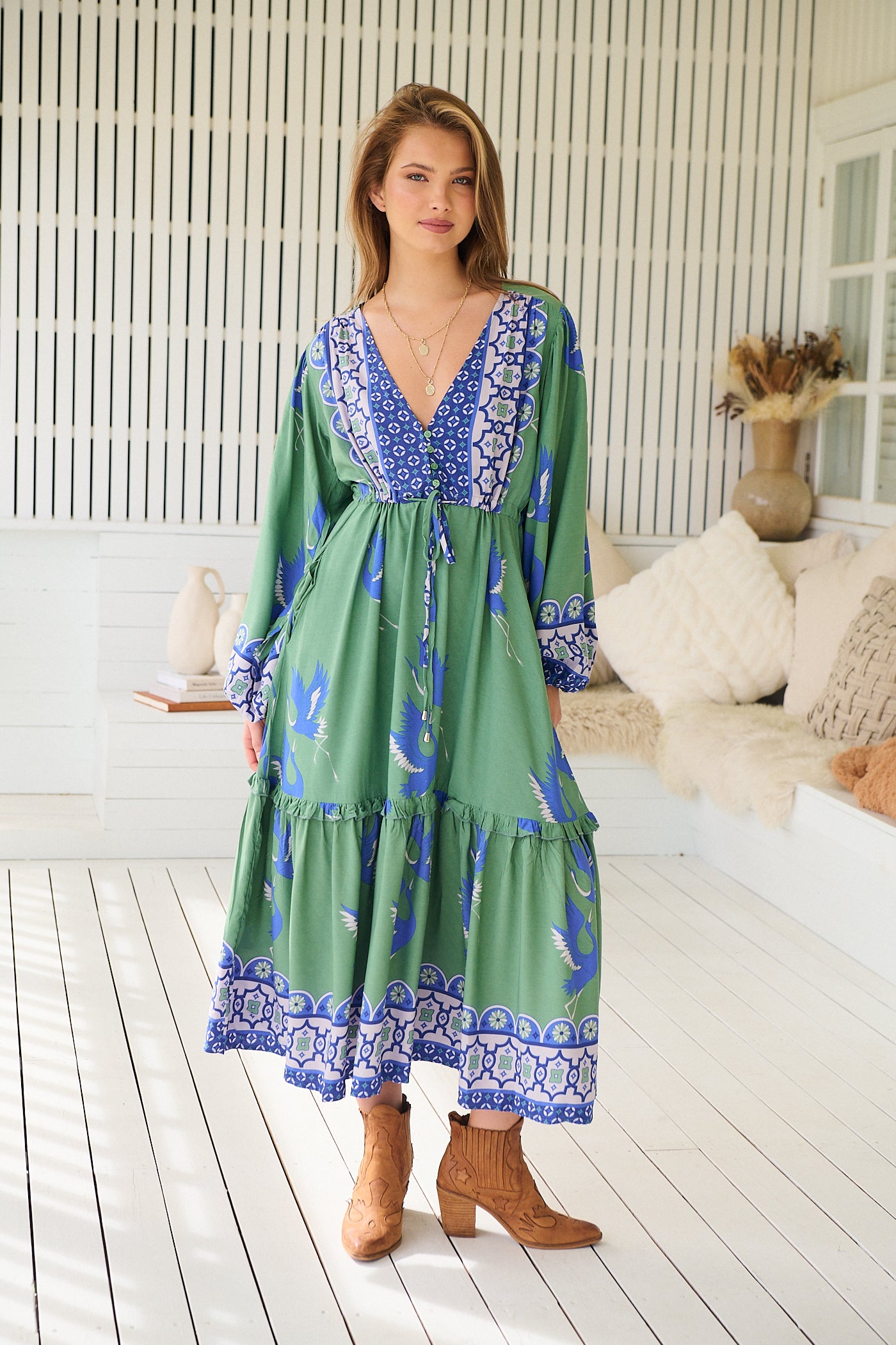 BLUE BIRD PRINT WILLA MIDI DRESS