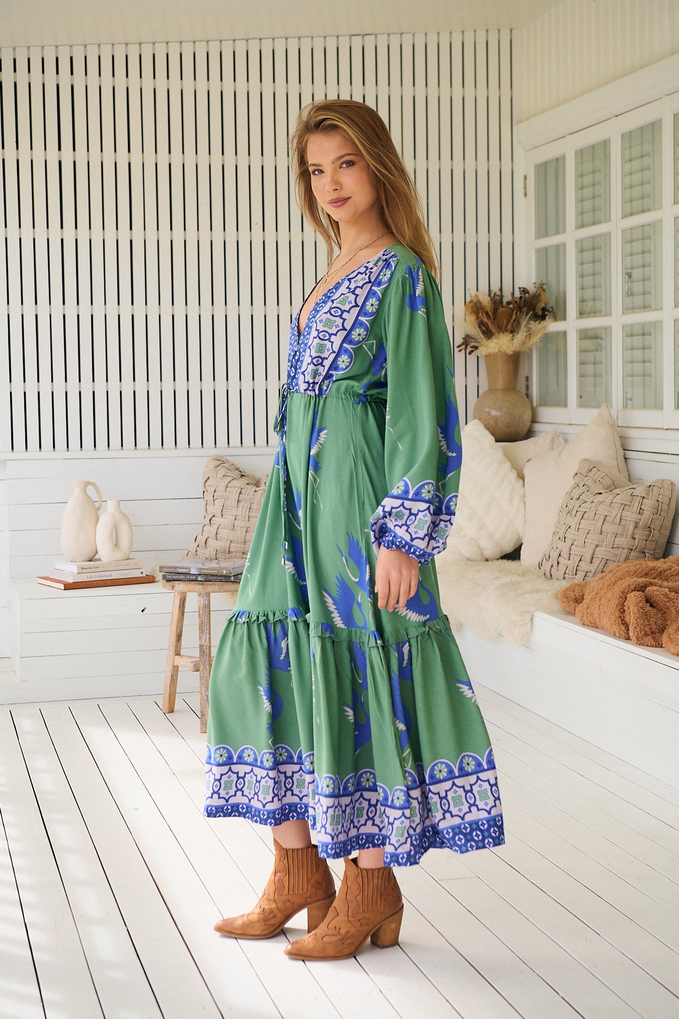 BLUE BIRD PRINT WILLA MIDI DRESS