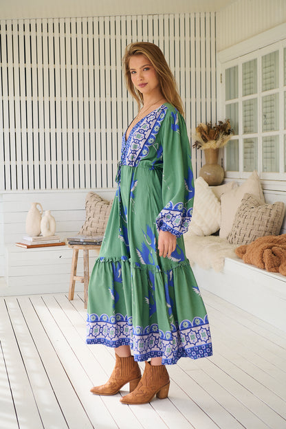 BLUE BIRD PRINT WILLA MIDI DRESS