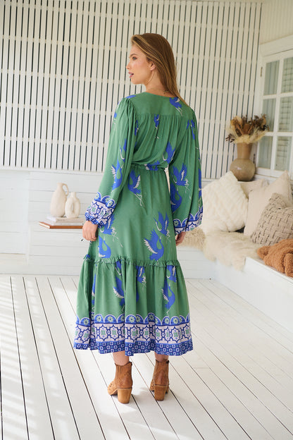 BLUE BIRD PRINT WILLA MIDI DRESS