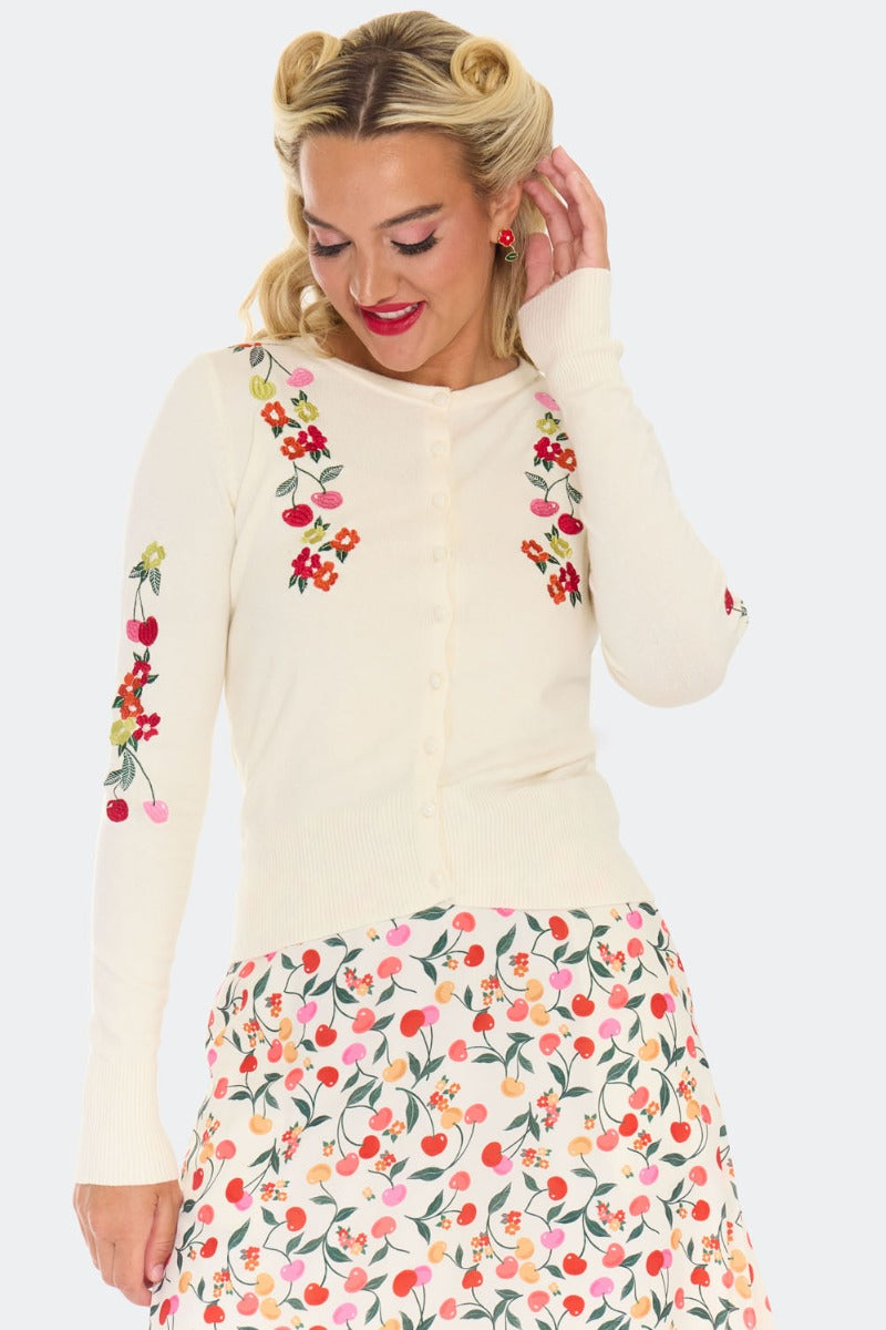 Floral Cherry Embroidered Cardigan FLORAL CHERRY