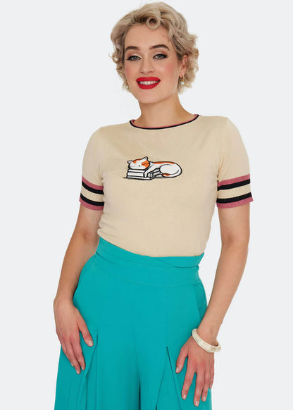 Cat asleep on a book sweater