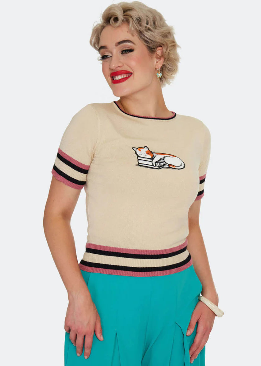 Cat asleep on a book sweater