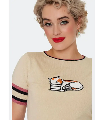 Cat asleep on a book sweater