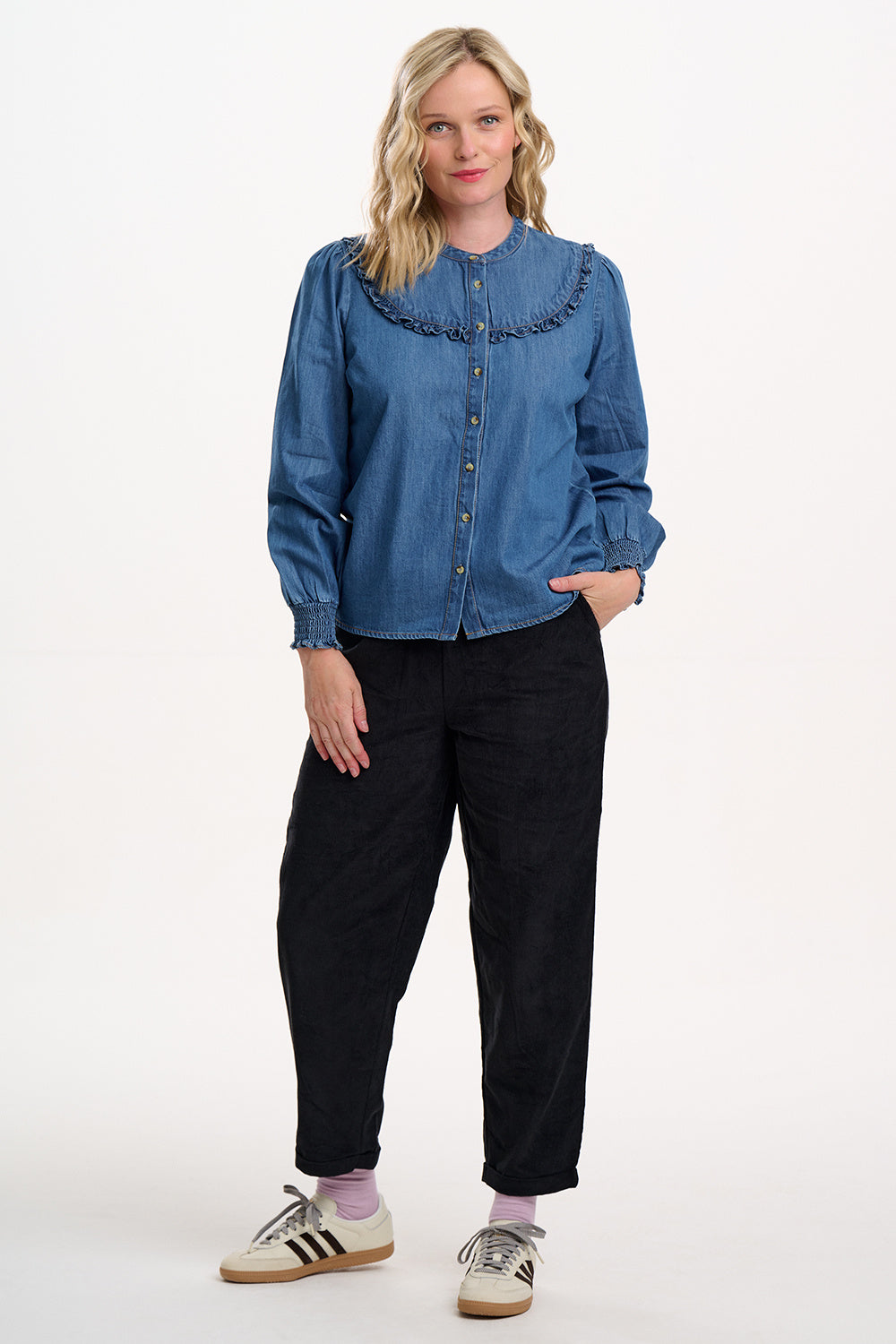 HEIDI FRILL SHIRT  WASHED BLUE