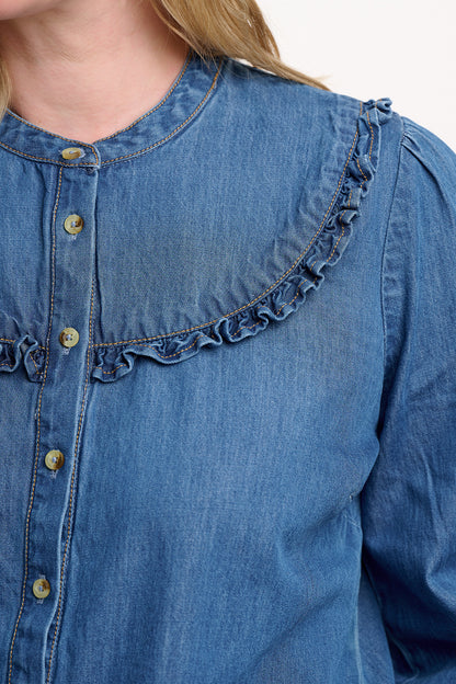 HEIDI FRILL SHIRT  WASHED BLUE