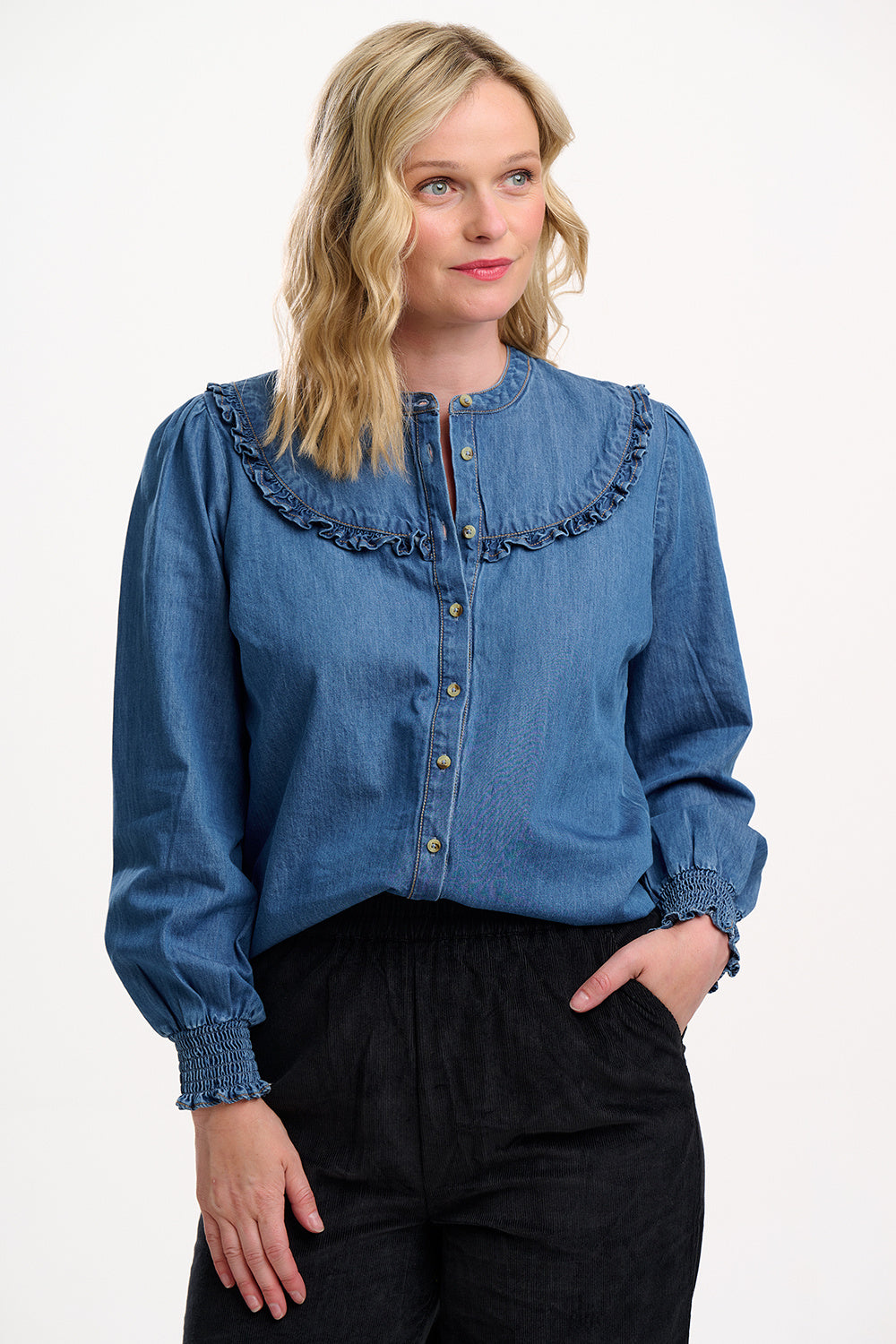 HEIDI FRILL SHIRT  WASHED BLUE