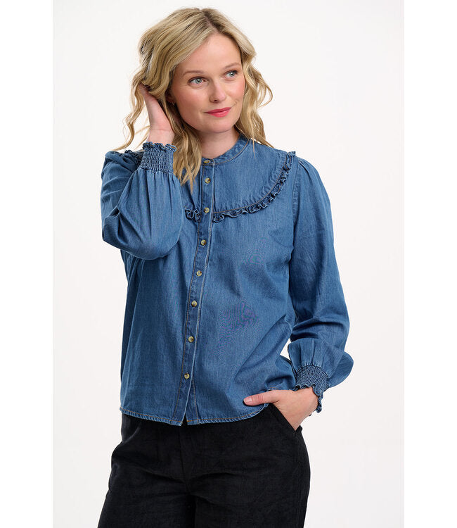 HEIDI FRILL SHIRT  WASHED BLUE