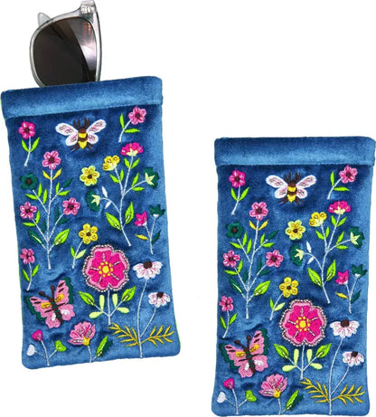 Brillenkoker van fluweel met broderie (10 x 18 cm) met knipsluiting