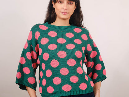 Roma 3/4 Sleeve Grn/Pink Polka