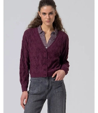 V Neck Cardigan with Fantasy Knit Bordeaux