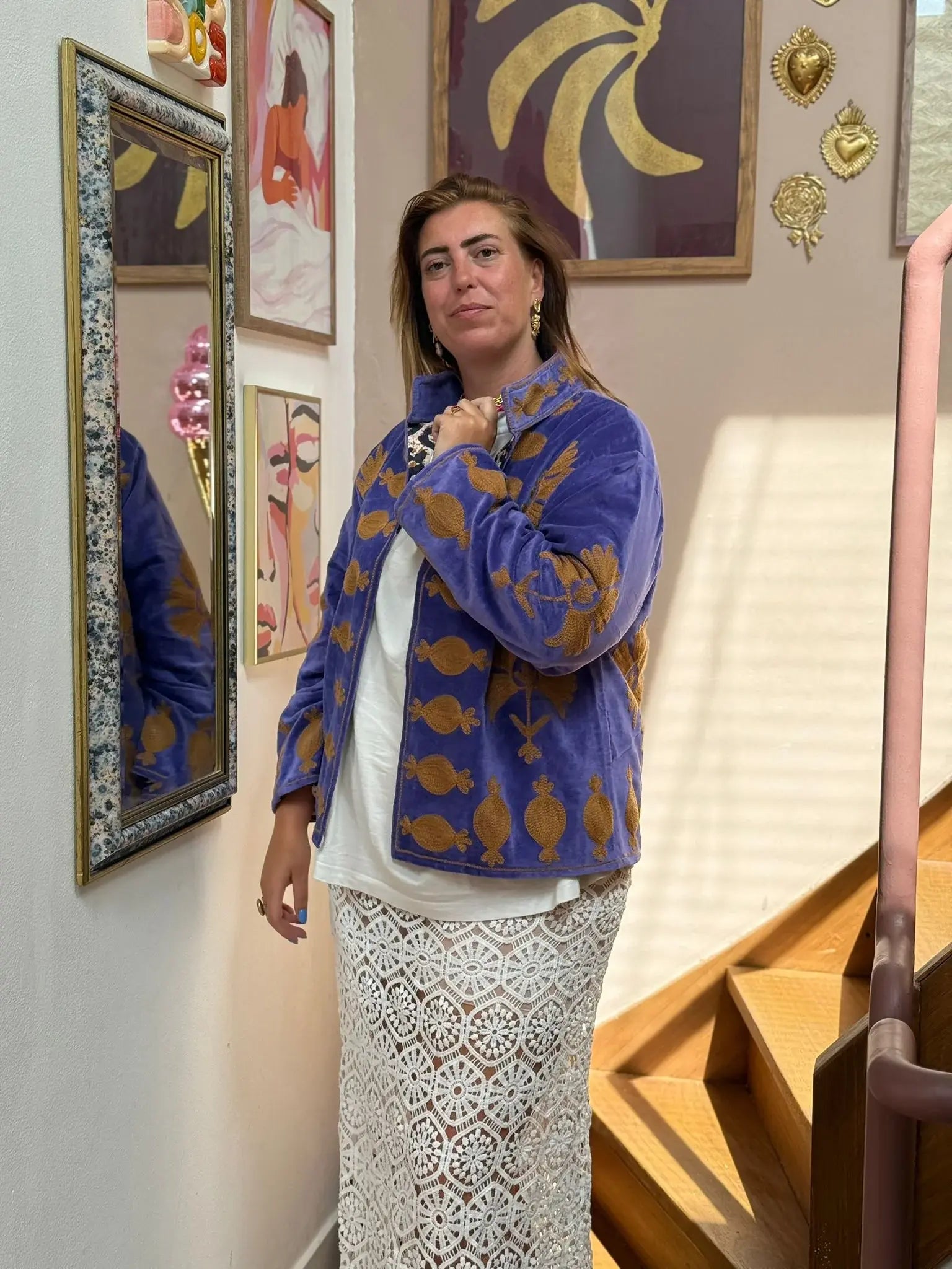 Velvet embroidery jacket Lavendel beige panter