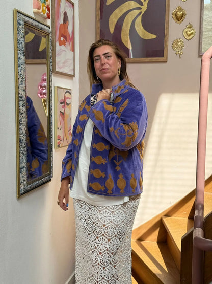 Velvet embroidery jacket Lavendel beige panter