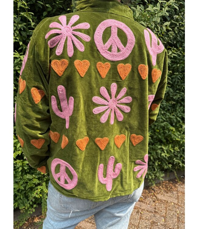 Velvet embroidery jacket Peace hearts green