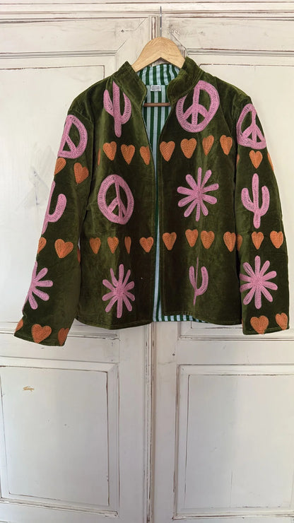 Velvet embroidery jacket Peace hearts green