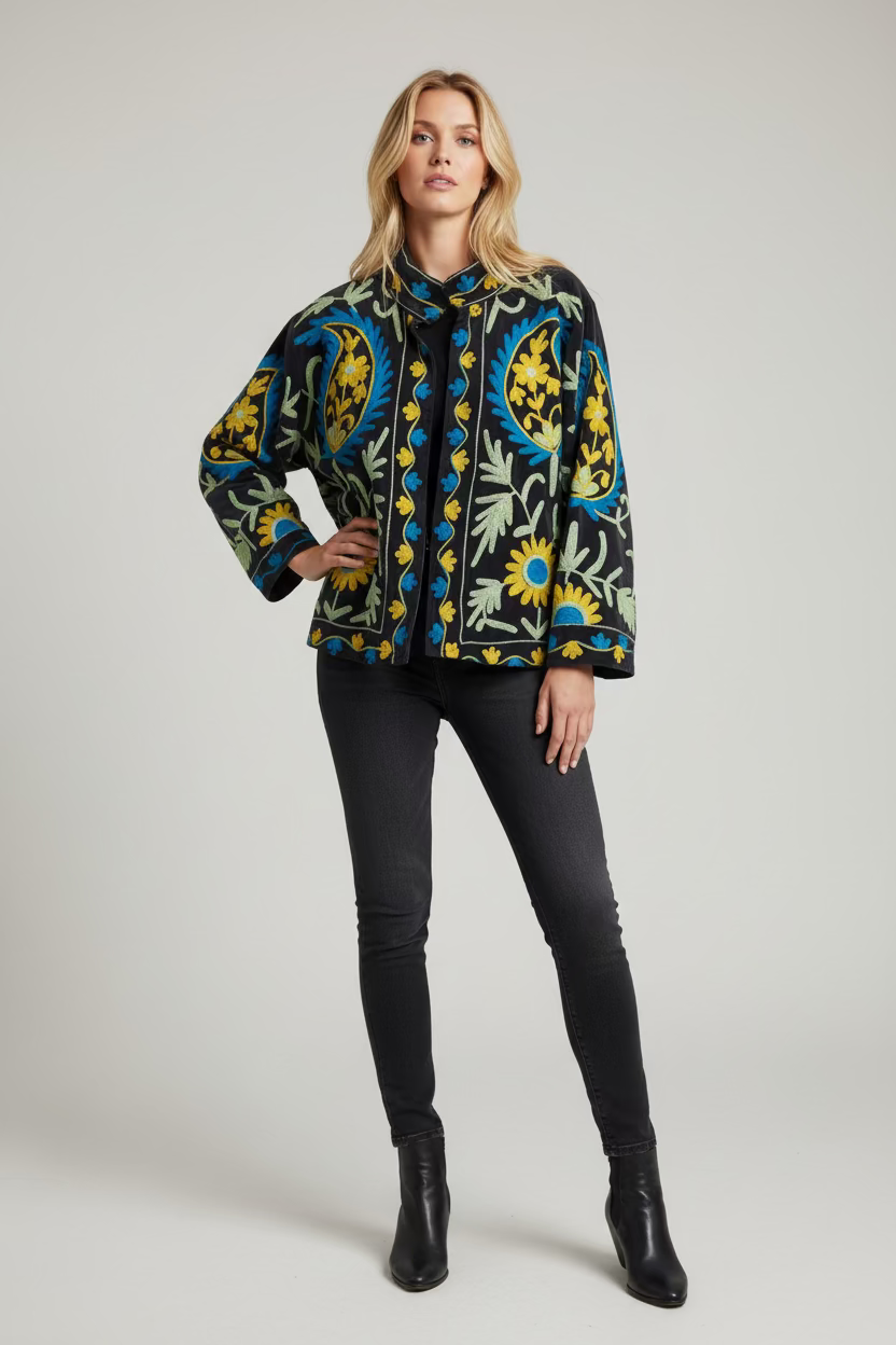 Velvet Suzani jacket Zwart met Blauw