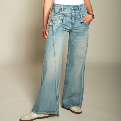 WIDE LEG JEANS MET DUBBEL KNOOP DESIGN Light Denim