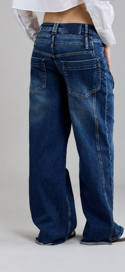 WIDE LEG JEANS MET DUBBEL KNOOP DETAIL  Dark denim