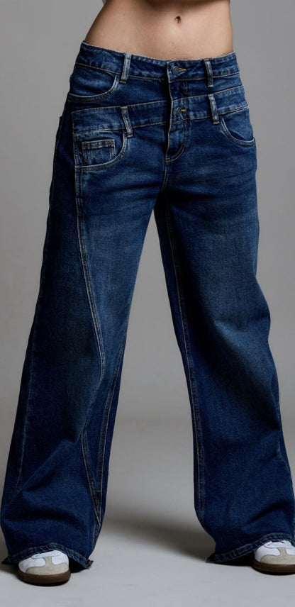 WIDE LEG JEANS MET DUBBEL KNOOP DETAIL  Dark denim